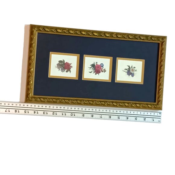 Vintage Flower Trio Prints Matted And Framed Dark Blue Background Gold Frame 15" - Picture 8 of 9
